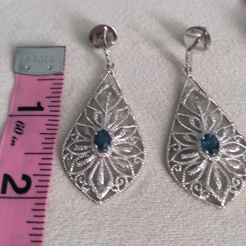 London Blue Sterling Silver Teardrop Earrings, Sparkling  Gemstone Filagree, New